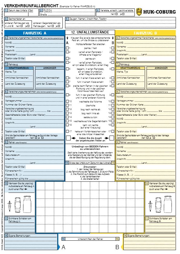 HUK Verkehrsunfallbericht